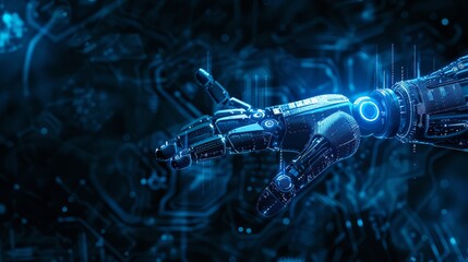 Aufkleber - Robotic hand in a futuristic setting with digital connections, symbolizing advanced technology and AI. Ideal for sci-fi and innovation concepts.