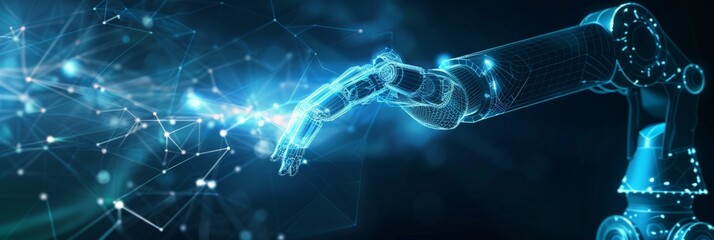 Poster - Digital rendering of a robotic arm with neon blue highlights. Ideal for illustrating AI, data networks, and technology.