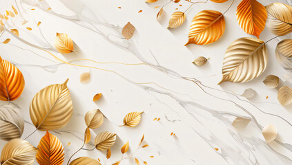 Poster - Golden Leaves on Marble Background.