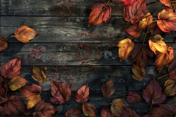 Poster - A collection of leaves placed on a wooden surface