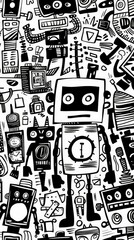 Leinwandbilder - Abstract black and white doodle art with various robot characters and elements. Concept of playful and creative robotic illustrations.