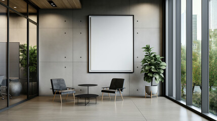 Wall Mural - Modern office lounge area with two black chairs, a round coffee table, a large blank frame on a concrete wall, and a potted plant near large windows.