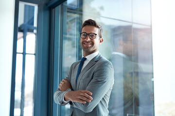 Fototapete - Crossed arms, pride and portrait of businessman in office with confidence for finance career. Happy, corporate and male financial specialist with ambition for company revenue and wealth management.
