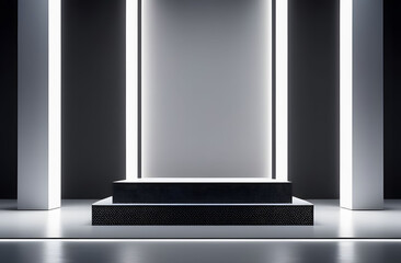 gray podium in a gray 3d room with light effects creating volume. minimalist square pedestal for pro