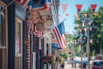 Wall Mural - American flags waving outdoor on main street on memorial day for honoring. USA flag for 4th of July, Labour Day, Independence Day, Veterans Day. Remember and Honor. Patriotism and national identity