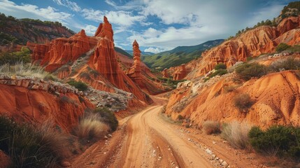 Poster - A scenic dirt road winds its way through a mountain canyon, surrounded by rocky cliffs and dense vegetation