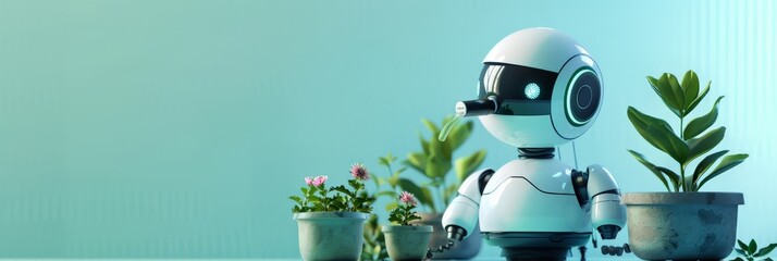 Aufkleber - Small robot tending to potted plants with a watering can. Technology and gardening concept for smart home environments.