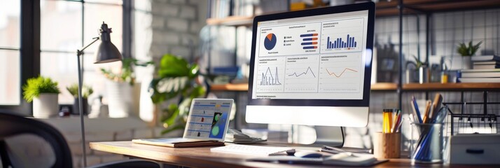 Aufkleber - A modern office desk with a computer displaying an interactive analytics dashboard. The screen shows multiple charts and graphs, providing insights into data trends