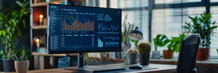 Aufkleber - A modern office desk with a computer monitor displaying an interactive analytics dashboard with charts and graphs. The desk is positioned in front of a large window with natural light