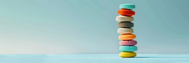 Poster - A detailed closeup of a stack of colorful pills on a light blue background