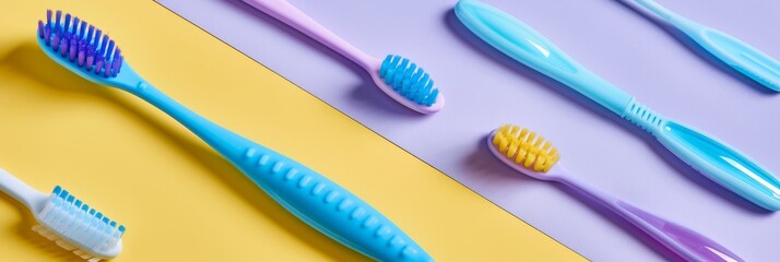 A flat lay of assorted dental care items, including blue and purple toothbrushes and interdental brushes, arranged on a yellow and purple background