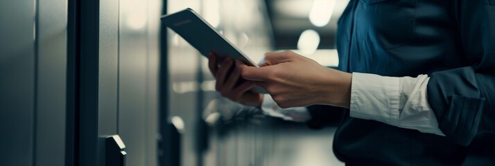 Poster - A worker in a modern data center uses a tablet to monitor and control operations