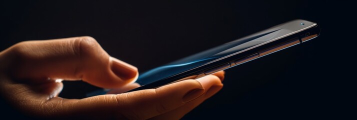 Poster - A hand holds a sleek, modern smartphone, its screen reflecting a blue glow, in a dark setting