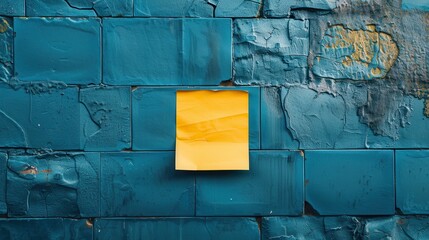 Sticker - A yellow sticky note is stuck to a blue brick wall