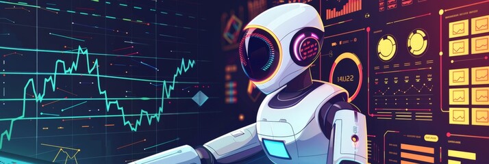 Aufkleber - Robot interacting with digital interface displaying charts and data. Futuristic AI technology in data analysis.