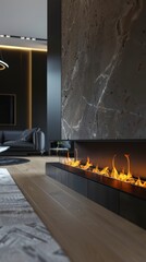 Wall Mural - A fireplace with a mantle and a couch in the background