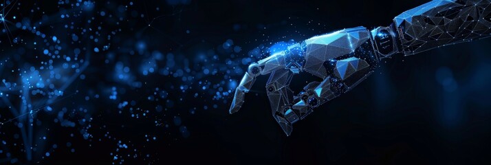 Poster - Robotic arm with geometric patterns and digital elements. Perfect for illustrating AI, futuristic technology, and digital communication.