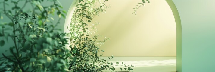 Poster - A close-up of a botanical archway with a soft green and yellow gradient background, creating a serene and inviting atmosphere