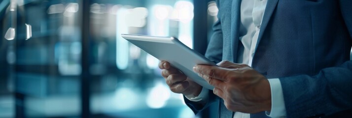 Poster - A closeup of a person's hands holding a tablet computer in an office setting