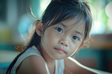 Poster - A young child's face with bright blue eyes, perfect for use in children's products or editorial content