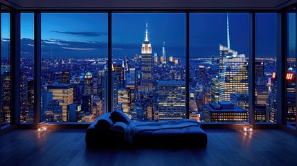 Poster - A bedroom with a bed and a view of the city