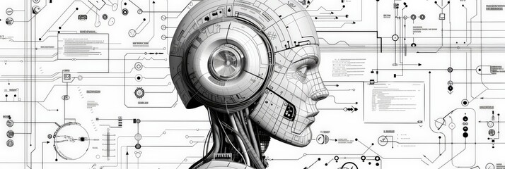Aufkleber - Detailed side profile of a humanoid robot with mechanical elements on a white background. Concept of advanced robotics and technological innovation.