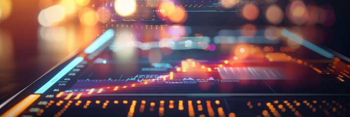 Aufkleber - A close-up image of a modern tablet displaying data visualization graphs and charts with a blurred background of city lights