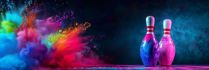 Poster - Two colorful bowling pins stand on a dark surface, surrounded by a vibrant explosion of colored powder