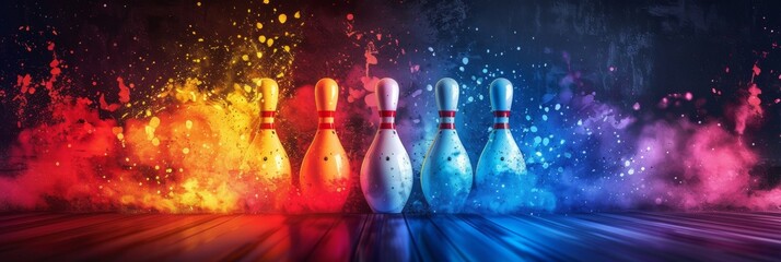 Poster - A dynamic shot of bowling pins toppling over with splashes of colorful paint against a dark background