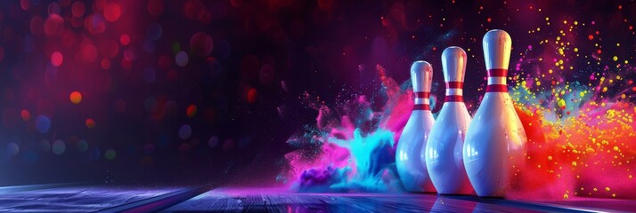 Poster - three white bowling pins stand on a wooden lane, surrounded by a burst of colorful powder. the pins 