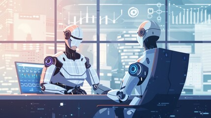 Aufkleber - Two robots having a meeting in a modern office with cityscape view. Artificial Intelligence collaboration in work environment.