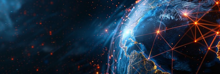 Poster - A 3D rendered illustration of a digital network globe with glowing red lines connecting various points on the planet, suggesting interconnected data streams