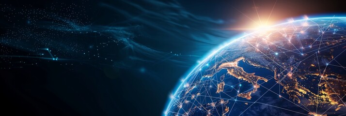 Poster - A digital illustration depicting a globe with interconnected lines and data streams, rendered in a high-tech style