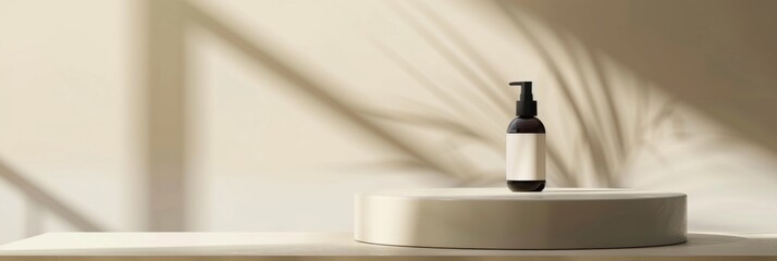 Poster - A single, sleek skincare bottle stands on a white platform against a smooth, light-colored backdrop. Soft shadows from sunlight cast delicate patterns on the surface