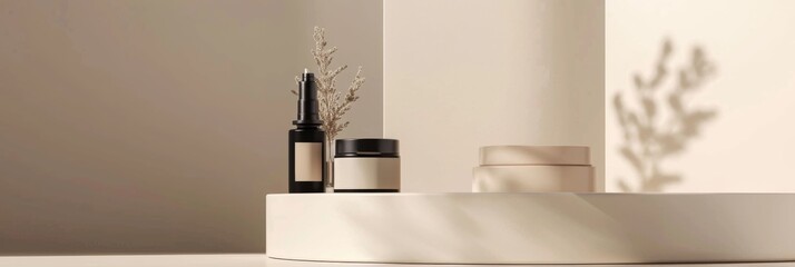 Poster - A minimalist display stand showcases a bottle and jar of skincare products. A sprig of dried flowers leans against the stand, creating a simple, clean aesthetic