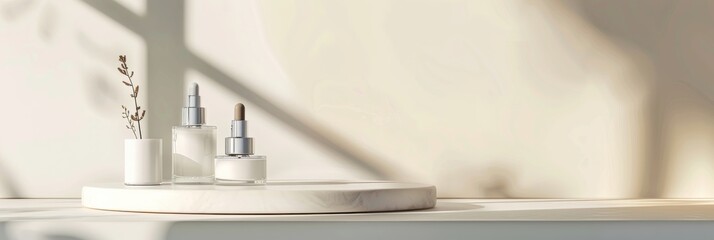 Poster - Three skincare product bottles are arranged on a white marble display stand, with a single dried stem in a matching white vase to the left