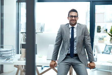 Poster - Businessman, portrait or economist in finance with smile, confidence or investment banking career. Face, proud and happy professional banker in financial company, office and corporate institution