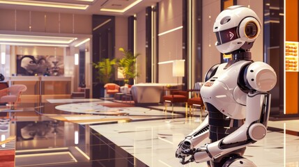 Aufkleber - Humanoid robot concierge in an upscale hotel interior. Symbol of future hospitality and advanced AI technology.