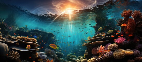 underwater coral reef landscape with colorful fish and marine ecosystem