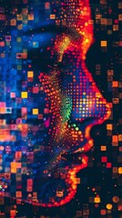 Poster - Abstract profile of a face composed of glowing dots and squares on a dark background. Symbolizes AI and futuristic technology