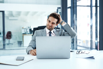 Canvas Print - Doubt, laptop and problem solving with business man at desk in office for email, feedback or review. Accounting, budget and confused with professional employee scratching head at info on computer