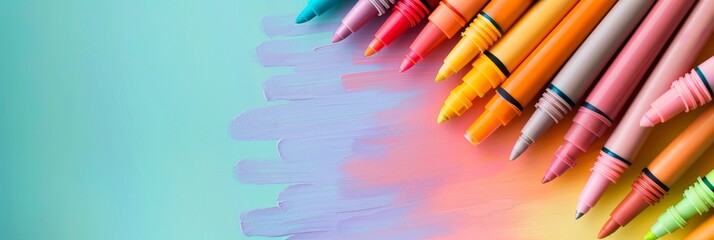 Poster - a top-down view of vibrant markers arranged on a pastel surface with ample copy space