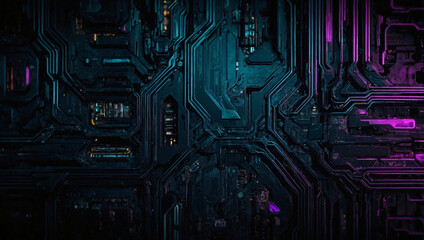 Wall Mural - Cyberpunk tech backdrop Dark, abstract background with futuristic technology motifs - high contrast