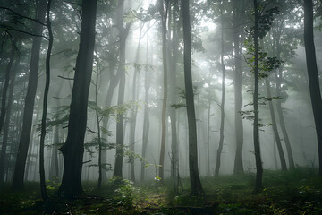 Wall Mural - Surreal beautiful forest with fog