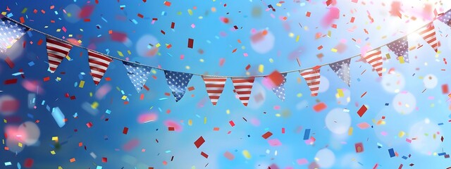 Wall Mural - Garland with bunting american flags with confetti and ribbons on blue sky. Decoration for 4th of July, Labour Day, Independence Day, Veterans Day. Celebration concept for greeting card, banner