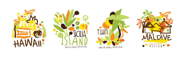 Wall Mural - Exotic Island Logo and Label Original Design Vector Set