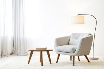 Poster - Modern White Armchair with Wooden Legs and Floor Lamp in a Minimalist Interior