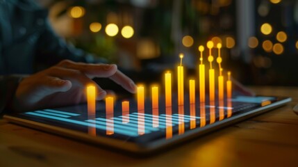 Poster - A bar graph with ascending bars, representing financial growth, on a digital tablet screen.