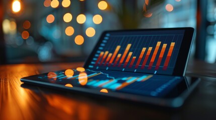 Poster - A bar graph with ascending bars, representing financial growth, on a digital tablet screen.