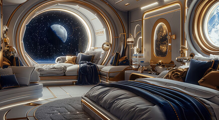 Aufkleber - Luxurious captain quarters on a spaceship. The living area features opulent furnishings in deep navy blue and polished gold accents. Generative AI.
